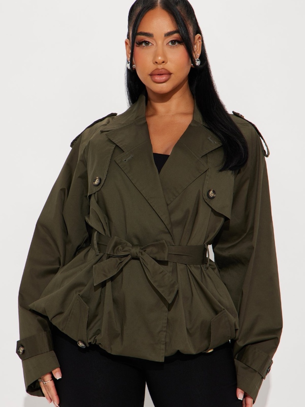 Olive Green Cropped Trench Coat